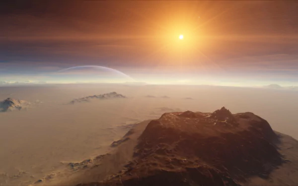 4K Ultra HD Space Engine wallpaper depicting a rocky planet surface beneath a glowing star in a video game-inspired cosmic landscape.