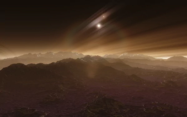 HD PC desktop wallpaper from the Space Engine video game, featuring a mountainous alien landscape beneath a distant planet and bright stars in space.