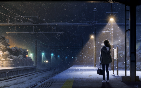 Anime Train Station Snow Winter Scarf Night HD Wallpaper | Background Image