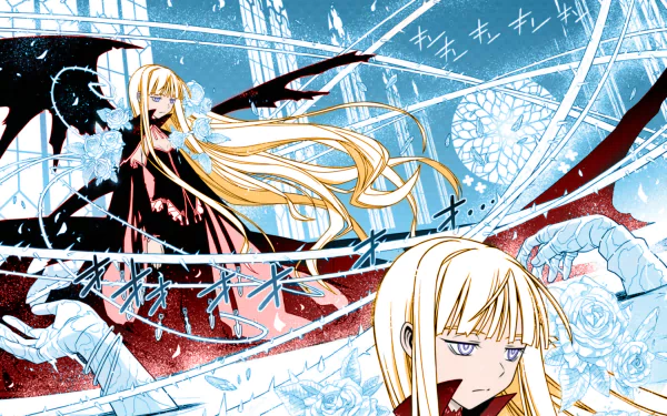 HD PC desktop wallpaper featuring characters from the anime UQ Holder! with dynamic blue and black tones and intricate magical circle designs.