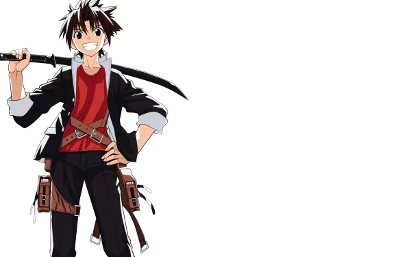 Anime character from UQ Holder! stands confidently holding a sword over his shoulder, set against a clean white background in 4K Ultra HD PC desktop wallpaper quality.