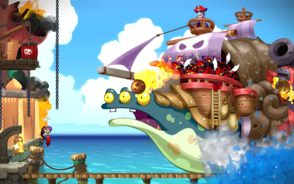 HD desktop wallpaper of Shantae: Half-Genie Hero featuring Shantae next to a chain with a pirate ship and character in the background.