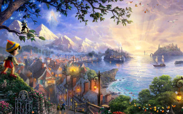 HD PC desktop wallpaper of Pinocchio (1940) gazing over a sunlit coastal village and harbor, with boats, distant castle and snow-capped mountains at dawn.