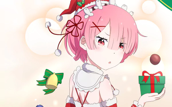 HD desktop wallpaper featuring Ram from Re:Zero - Starting Life in Another World, dressed in festive attire, holding a gift against a soft, glowing background.