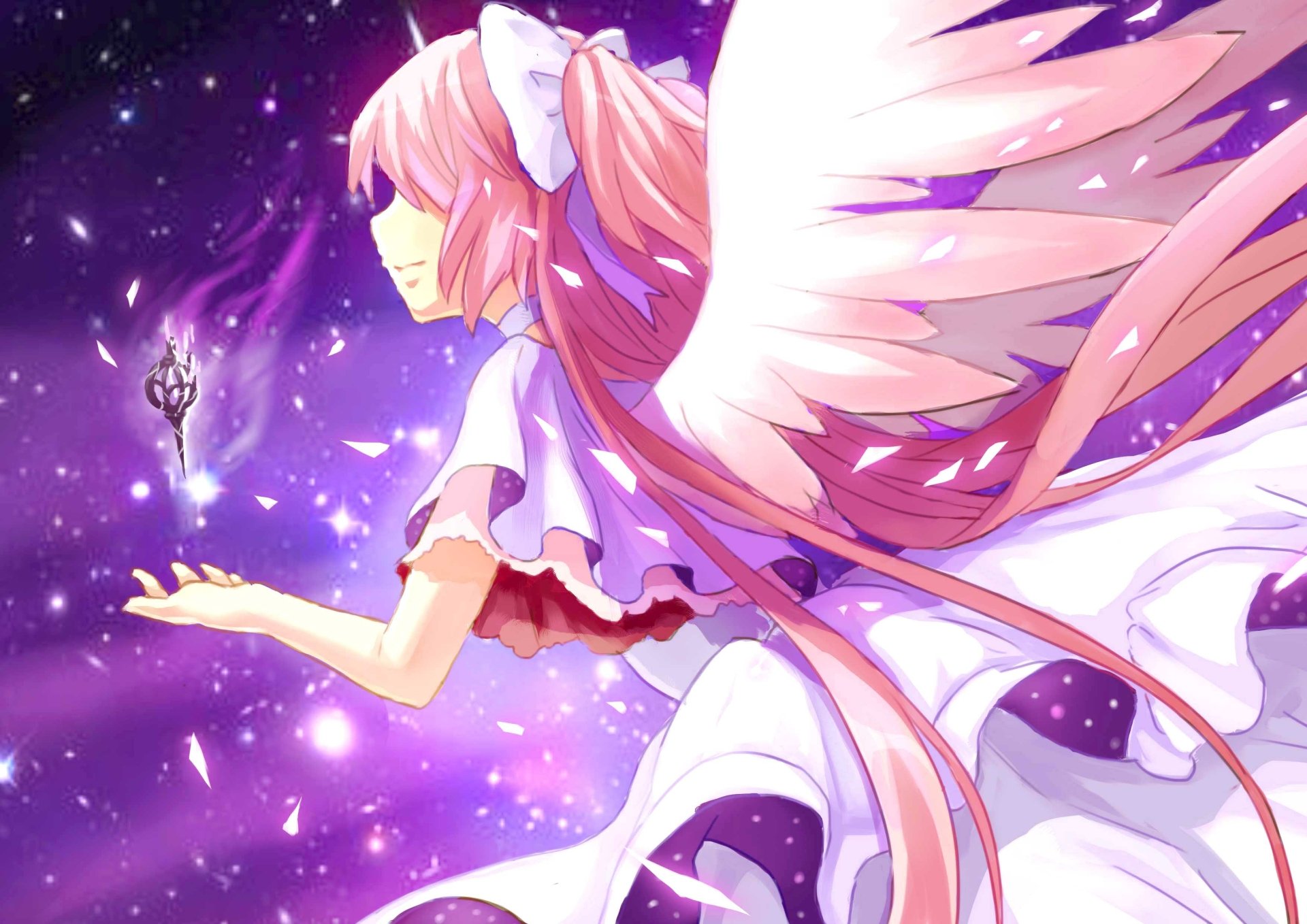 Anime 2K Quad HD PC desktop wallpaper: Puella Magi Madoka Magica's pink-haired magical girl with flowing hair and angelic wings floating against a glowing, star-filled purple cosmos.