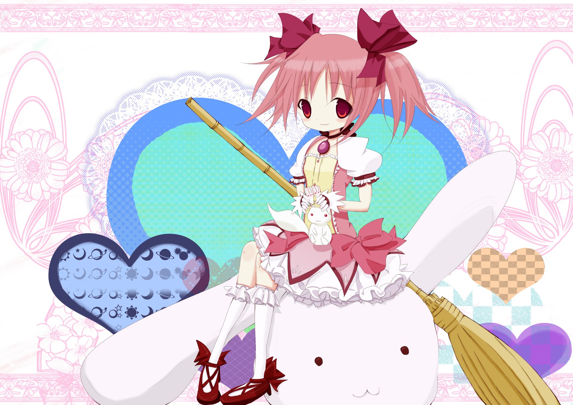HD PC desktop wallpaper (Anime, Puella Magi Madoka Magica): Madoka Kaname in a pink magical-girl outfit sits atop a giant white plush creature, holding a broom-like staff against a pastel heart background.
