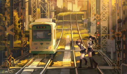 Anime train HD PC desktop wallpaper and background: a green tram arrives on sunlit city tracks as two schoolgirls laugh on the rails beneath warm golden-hour lighting.