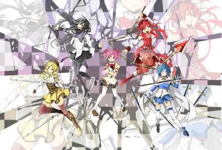 HD PC wallpaper featuring Kyuubey and the magical girls Sayaka Miki, Mami Tomoe, Kyōko Sakura, Madoka Kaname, and Homura Akemi from the anime Puella Magi Madoka Magica.