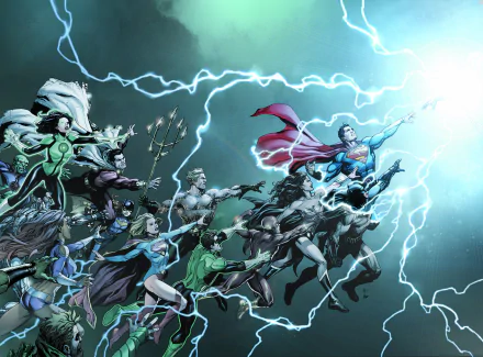 HD desktop wallpaper featuring DC: Rebirth comic characters, including Superman, Wonder Woman, and Batman, surrounded by lightning in a dramatic scene.