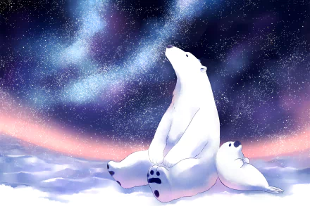 Anime-style Polar Bear (Polar Bear In Love) and cub sit on snow gazing at a starry, aurora-lit sky — HD PC desktop wallpaper.