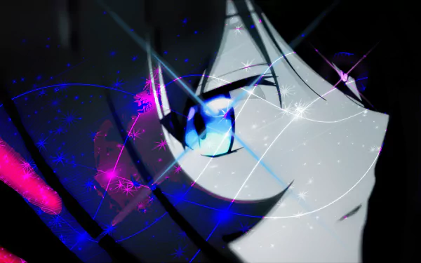 HD PC desktop wallpaper featuring a close-up of an anime character’s eye from Undefeated Bahamut Chronicle, highlighted with vibrant neon colors and sparkles.