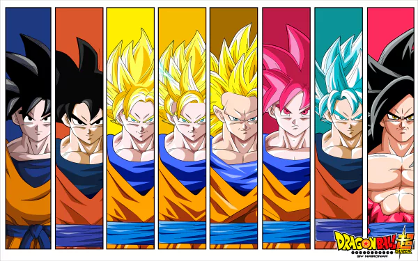 HD desktop wallpaper featuring Goku's various transformations from Dragon Ball Super, showcasing his different Super Saiyan forms against colorful backgrounds.