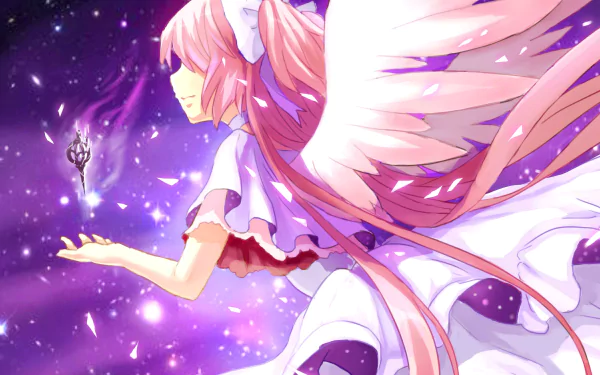 Anime 2K Quad HD PC desktop wallpaper: Puella Magi Madoka Magica's pink-haired magical girl with flowing hair and angelic wings floating against a glowing, star-filled purple cosmos.