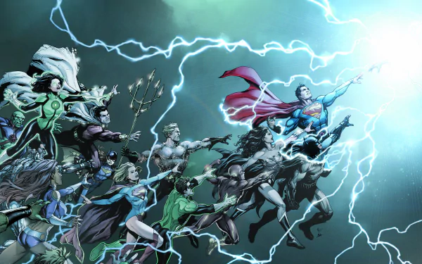 HD desktop wallpaper featuring DC: Rebirth comic characters, including Superman, Wonder Woman, and Batman, surrounded by lightning in a dramatic scene.