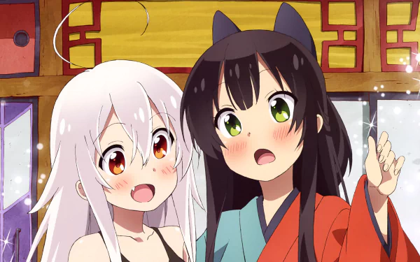 4K Ultra HD Anime wallpaper featuring two Urara Meirochō characters with expressive faces, set against a detailed traditional background.