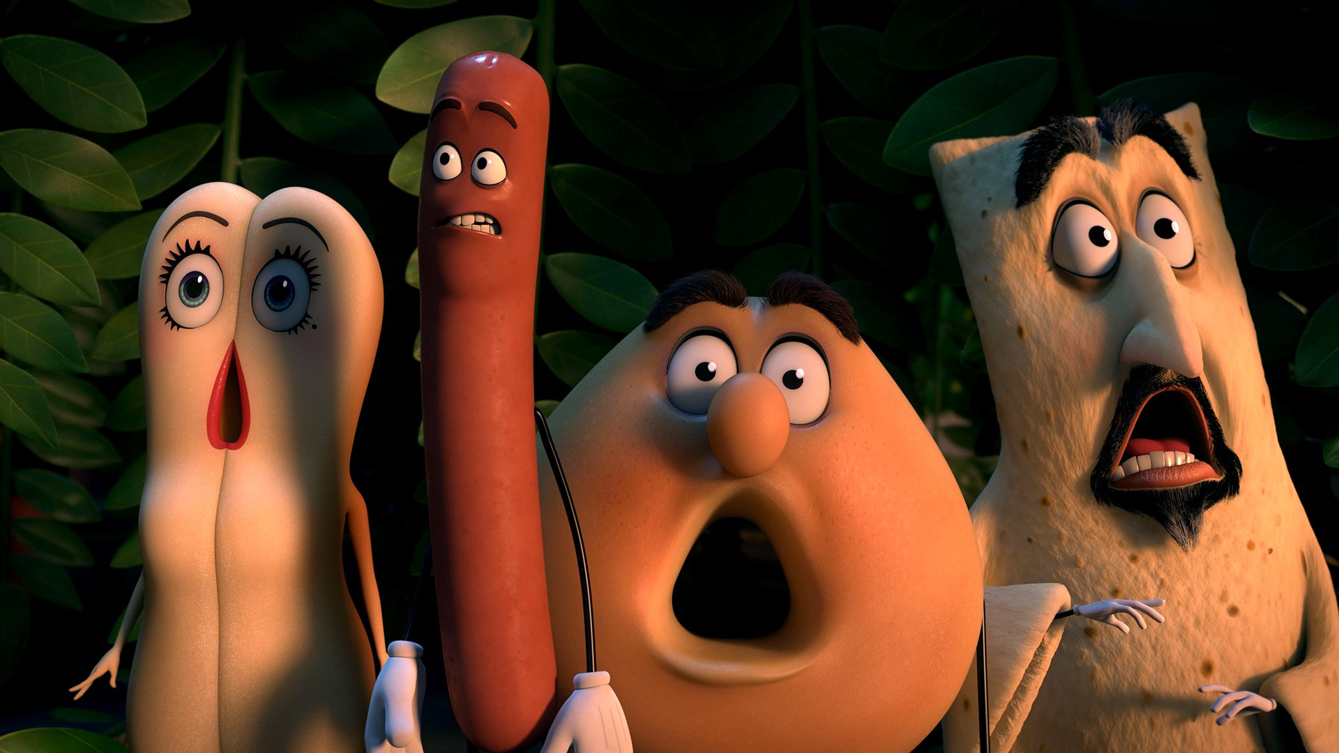 HD PC desktop wallpaper and background from the movie Sausage Party: four astonished animated food characters—a sausage, bun, pastry and taco—posed against a leafy, shadowed backdrop.