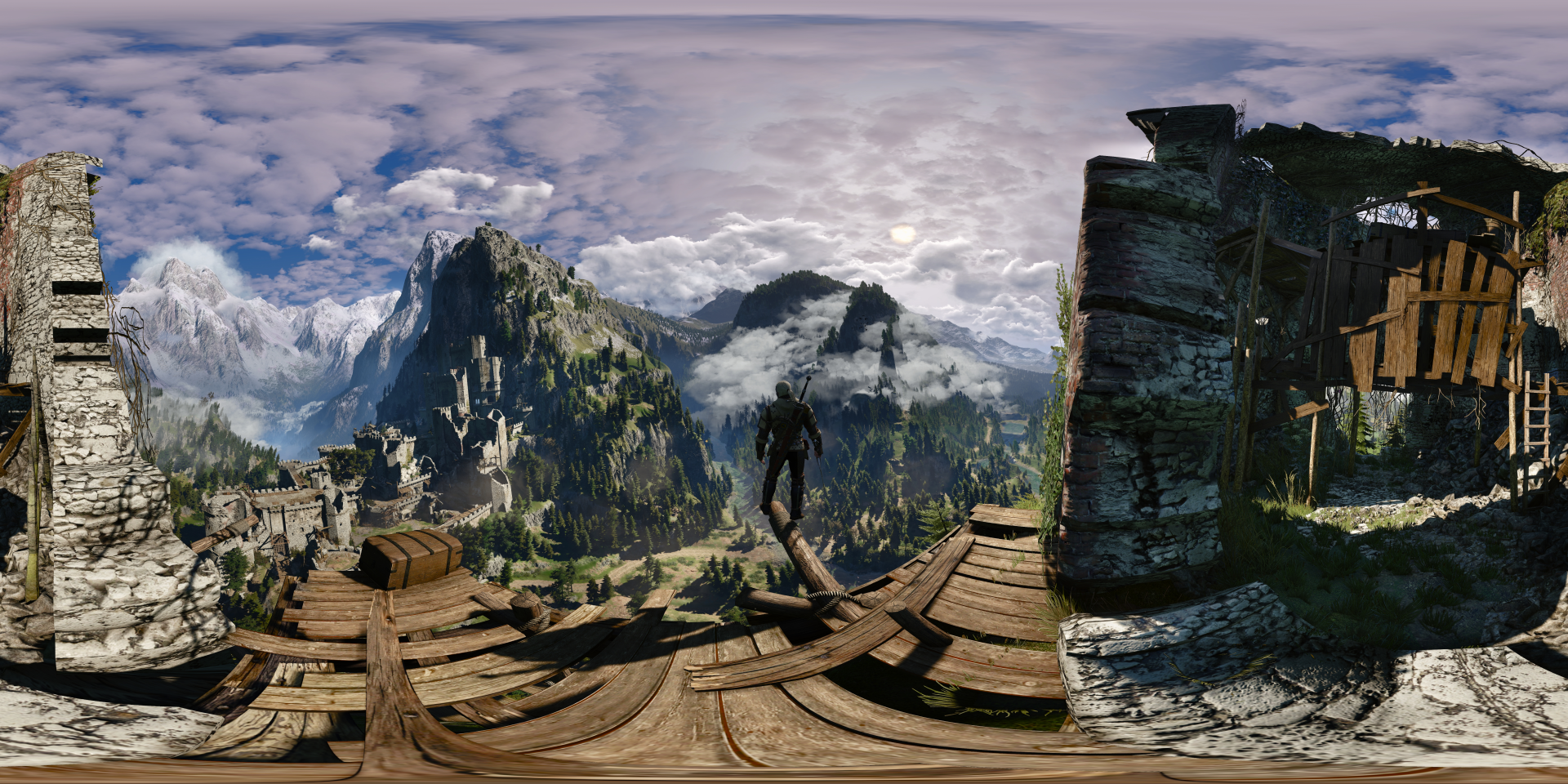 4K Ultra HD desktop wallpaper featuring a scenic landscape from the video game The Witcher 3: Wild Hunt, showcasing mountains, clouds, and a character on a wooden platform.