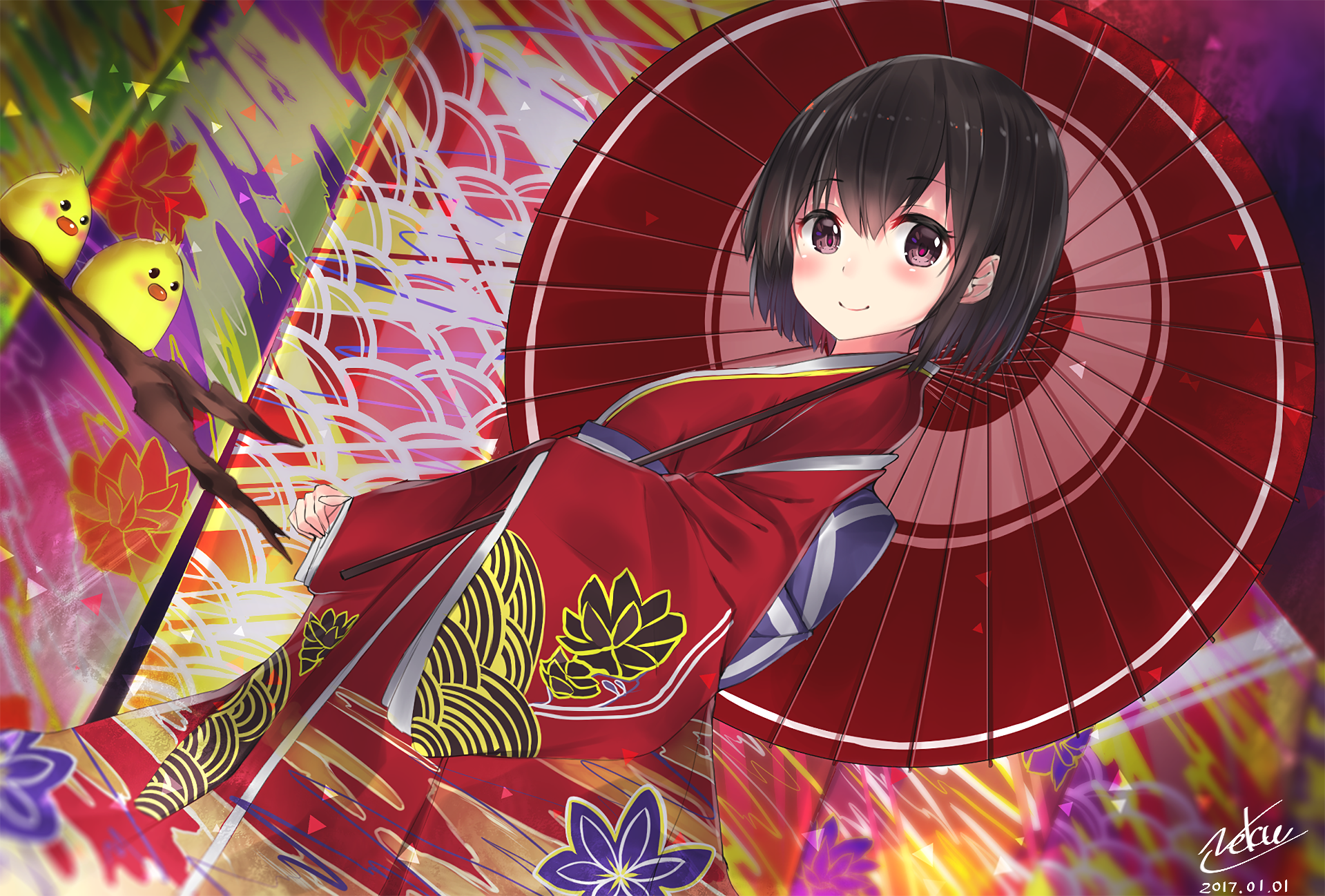 Anime artwork featuring a girl in traditional attire holding a red umbrella, with colorful patterns in the background and birds perched nearby. This vibrant HD desktop wallpaper exudes an original and mesmerizing appeal.