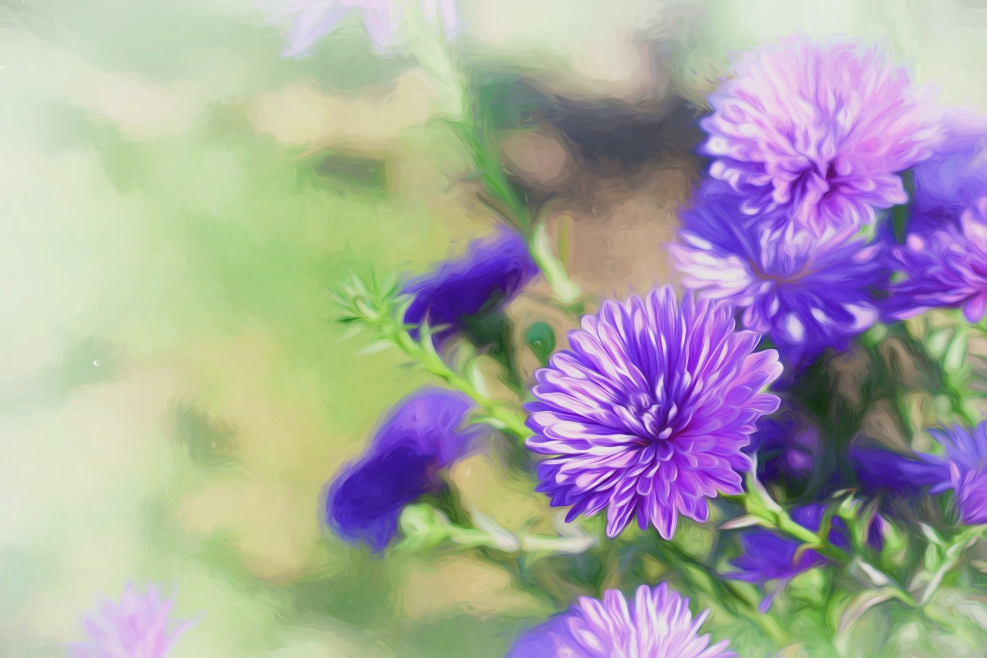 A vibrant oil painting of purple flowers in a natural setting, captured as an HD desktop wallpaper and background.