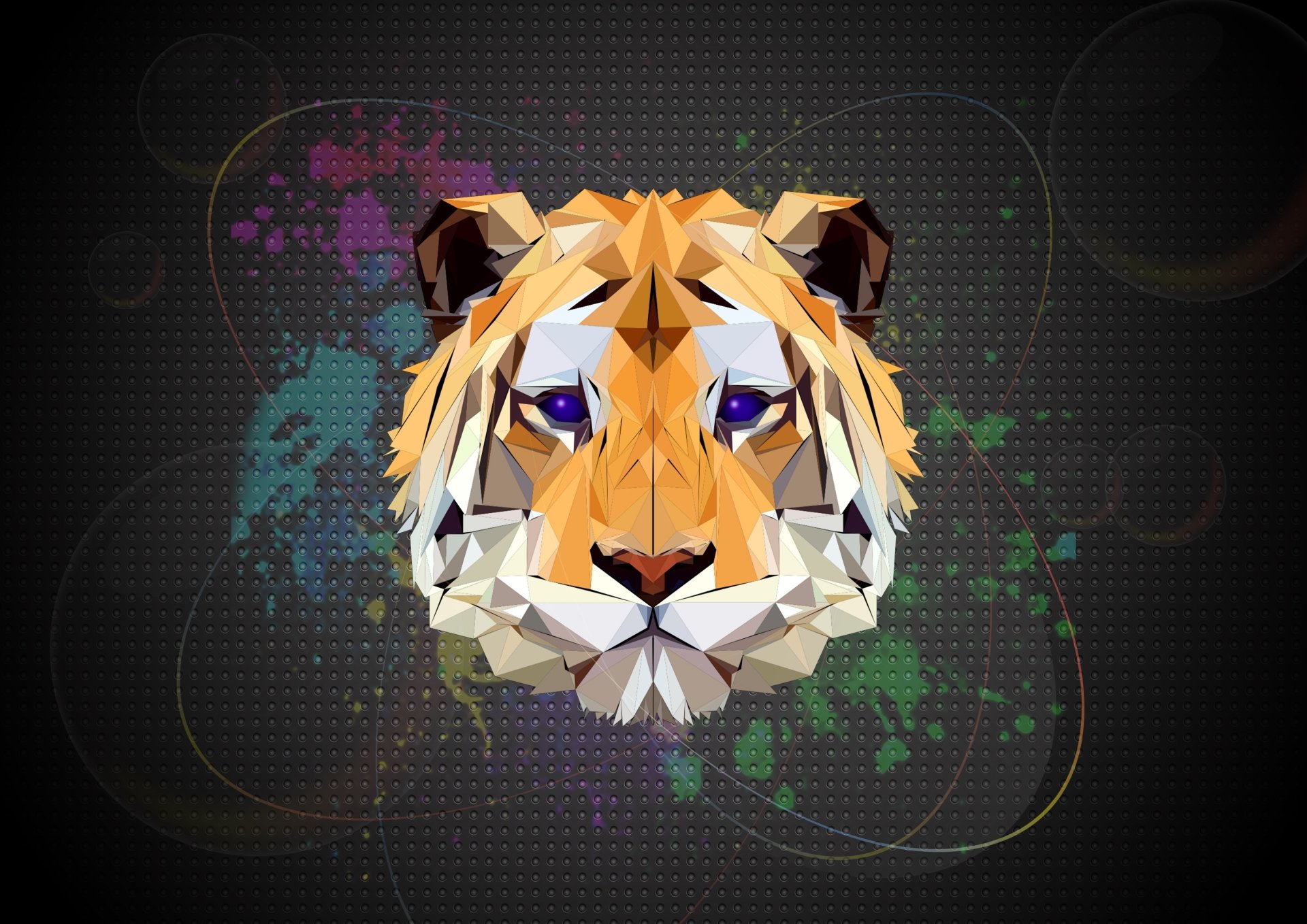 HD desktop wallpaper of a tiger's face created in a low poly, abstract style with colorful facets, set against a dark, artistic background.