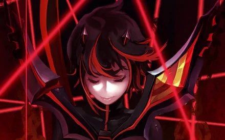 HD anime wallpaper of Ryūko Matoi from Kill La Kill, featuring her in a dark, intense setting with red highlights and sharp lines.