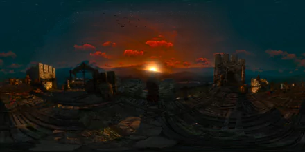 HD desktop wallpaper of The Witcher 3: Wild Hunt featuring a stunning sunset scene over a medieval fortress with a character looking towards the horizon.