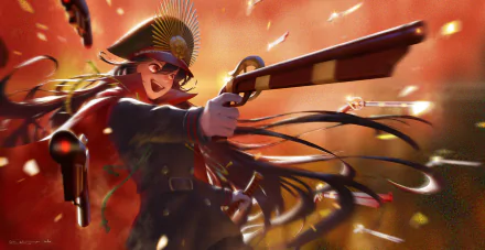 An HD desktop wallpaper featuring Demon Archer from Fate/Grand Order. The anime character is depicted in an action pose, shooting with a firearm, set against a vibrant, dynamic background.