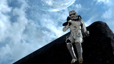 HD desktop wallpaper from Star Wars Battlefront (2015) featuring a stormtrooper on Sullust under a cloudy sky with a large moon in the background.