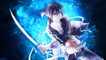A striking HD wallpaper featuring Yato from Noragami. Yato, with black hair and blue eyes, holds a katana in his hand and is dressed in a jacket against a vibrant blue background.