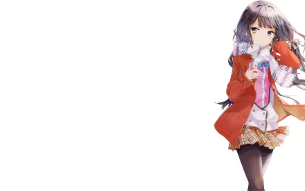 HD desktop wallpaper featuring Aki Adagaki from Masamune-kun's Revenge. She is wearing a jacket, scarf, skirt, and pantyhose, set against a clean, white background.