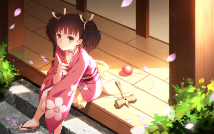 An HD desktop wallpaper featuring Mumei from Kabaneri of the Iron Fortress. She has orange eyes, short brown hair in twintails, and is wearing a pink kimono with floral patterns, surrounded by petals.