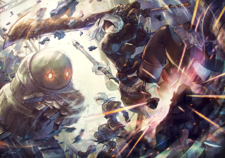 HD wallpaper featuring NieR: Automata characters YoRHa No.2 Type B and YoRHa No.9 Type S amidst dynamic, action-packed scenery.