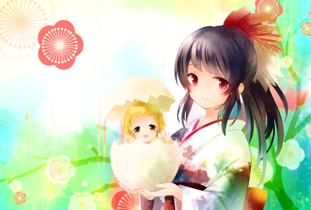 Anime original HD PC desktop wallpaper and background: girl in a kimono holding a newly hatched chick in its eggshell, surrounded by pastel flowers and warm, soft sunlight.