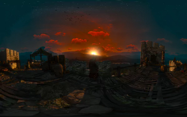 HD desktop wallpaper of The Witcher 3: Wild Hunt featuring a stunning sunset scene over a medieval fortress with a character looking towards the horizon.