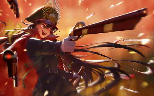 An HD desktop wallpaper featuring Demon Archer from Fate/Grand Order. The anime character is depicted in an action pose, shooting with a firearm, set against a vibrant, dynamic background.