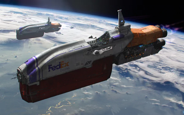 Sci-fi desktop wallpaper featuring HD image of FedEx-branded starship in space with Earth in the background.