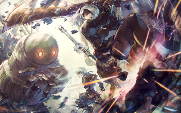 HD wallpaper featuring NieR: Automata characters YoRHa No.2 Type B and YoRHa No.9 Type S amidst dynamic, action-packed scenery.