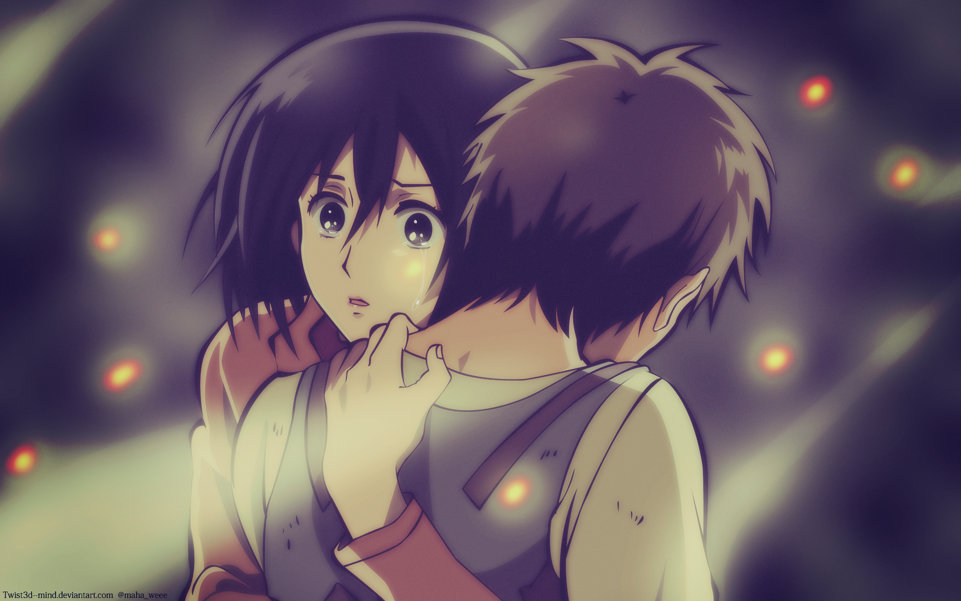 Anime scene featuring Eren Yeager and Mikasa Ackerman from Attack on Titan hugging. Mikasa looks emotional with tears in her eyes and black hair, while Eren has brown hair. Background is serene and glowing.