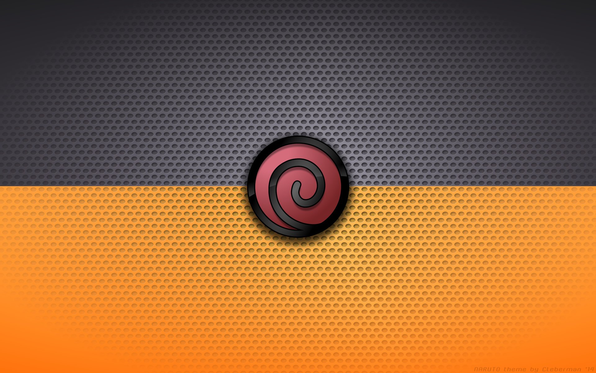 HD PC desktop wallpaper featuring the red Uzumaki clan symbol from the anime Naruto on a textured black and orange background.