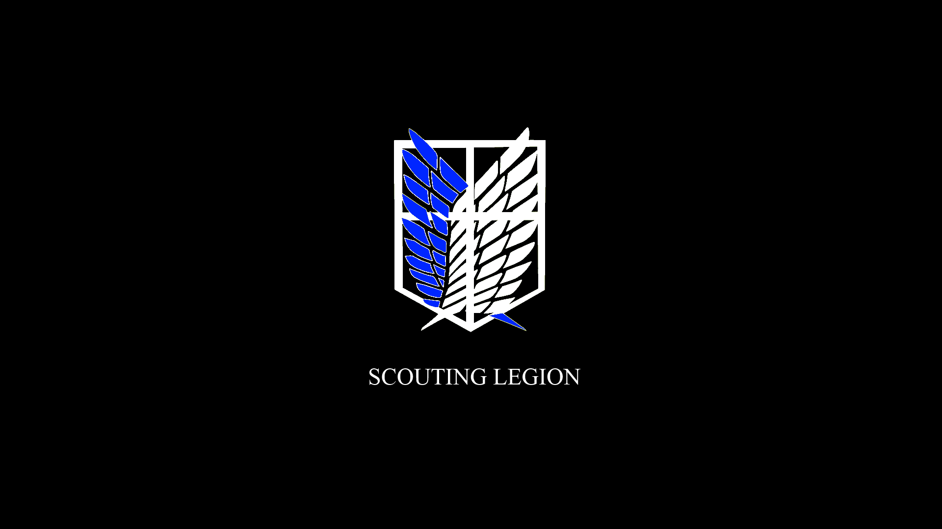 HD PC desktop wallpaper of Attack on Titan anime: black background with the Scouting Legion emblem split blue and white above the text SCOUTING LEGION.