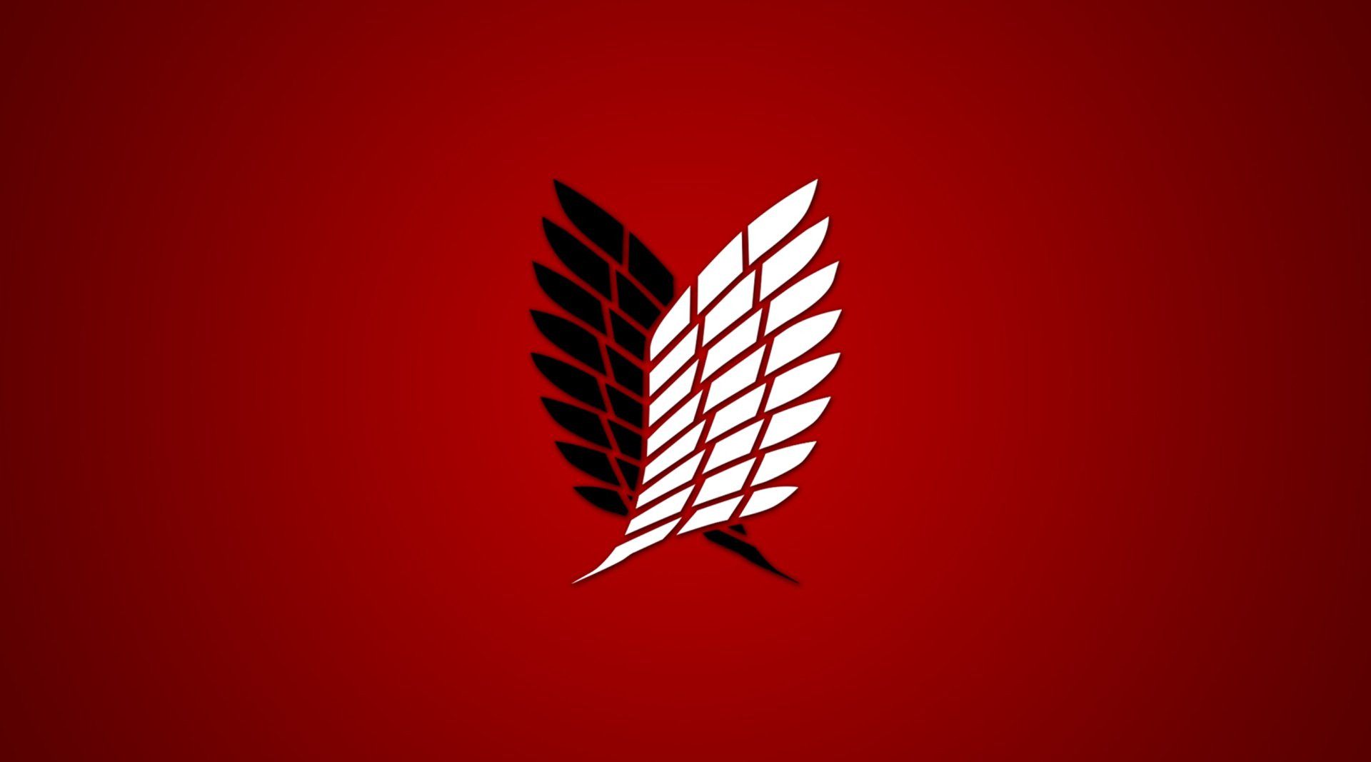 HD PC desktop wallpaper featuring the iconic black and white Wings of Freedom emblem from the anime Attack on Titan on a red background.