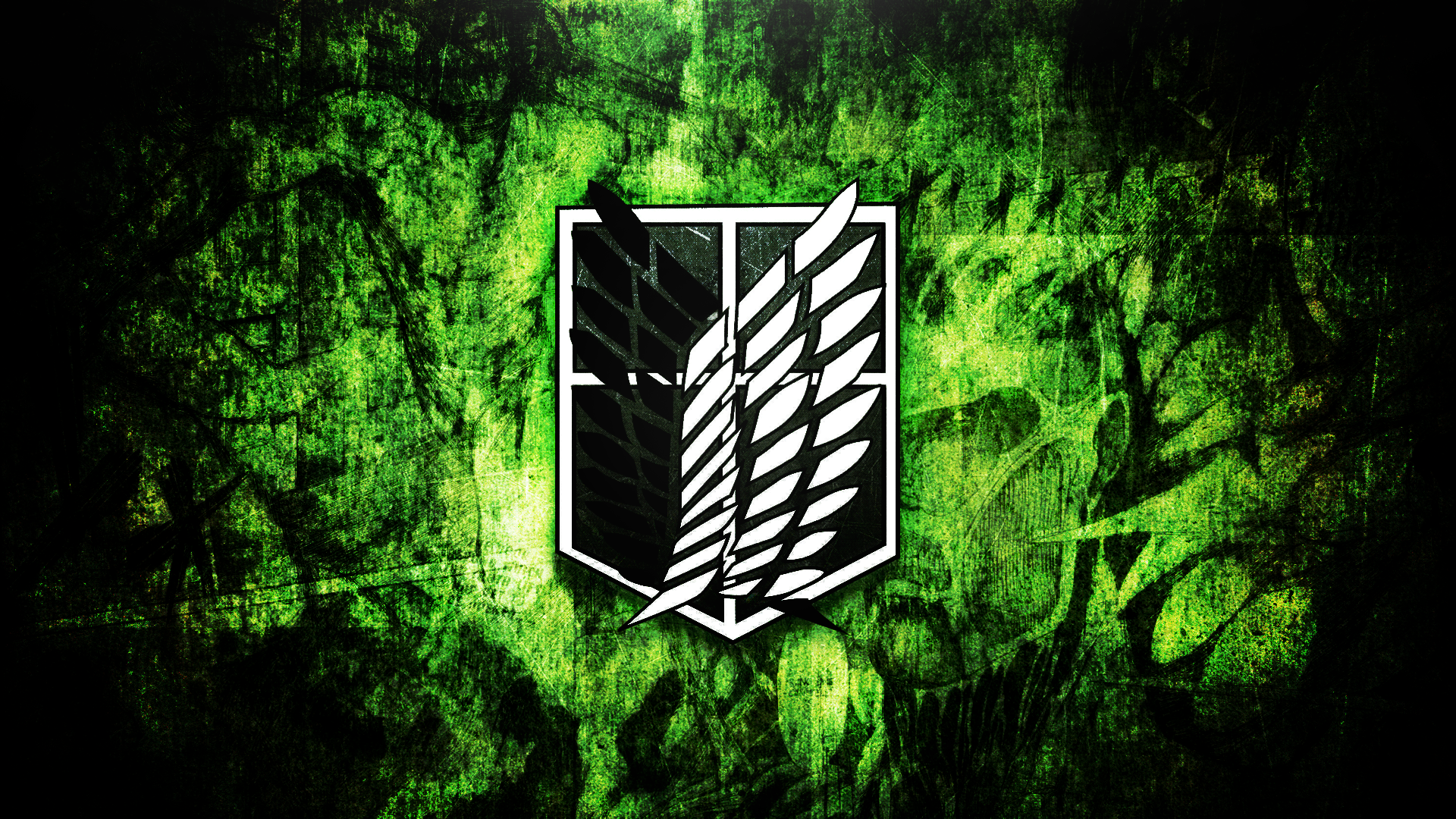 HD PC desktop wallpaper featuring the emblem of the Survey Corps from the anime Attack on Titan against a textured green and black background.