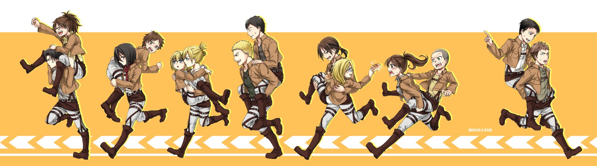 HD Attack on Titan anime wallpaper featuring characters Eren Yeager, Mikasa Ackerman, Levi Ackerman, Armin Arlert, Sasha Blouse, Reiner Braun, Jean Kirstein, and others.