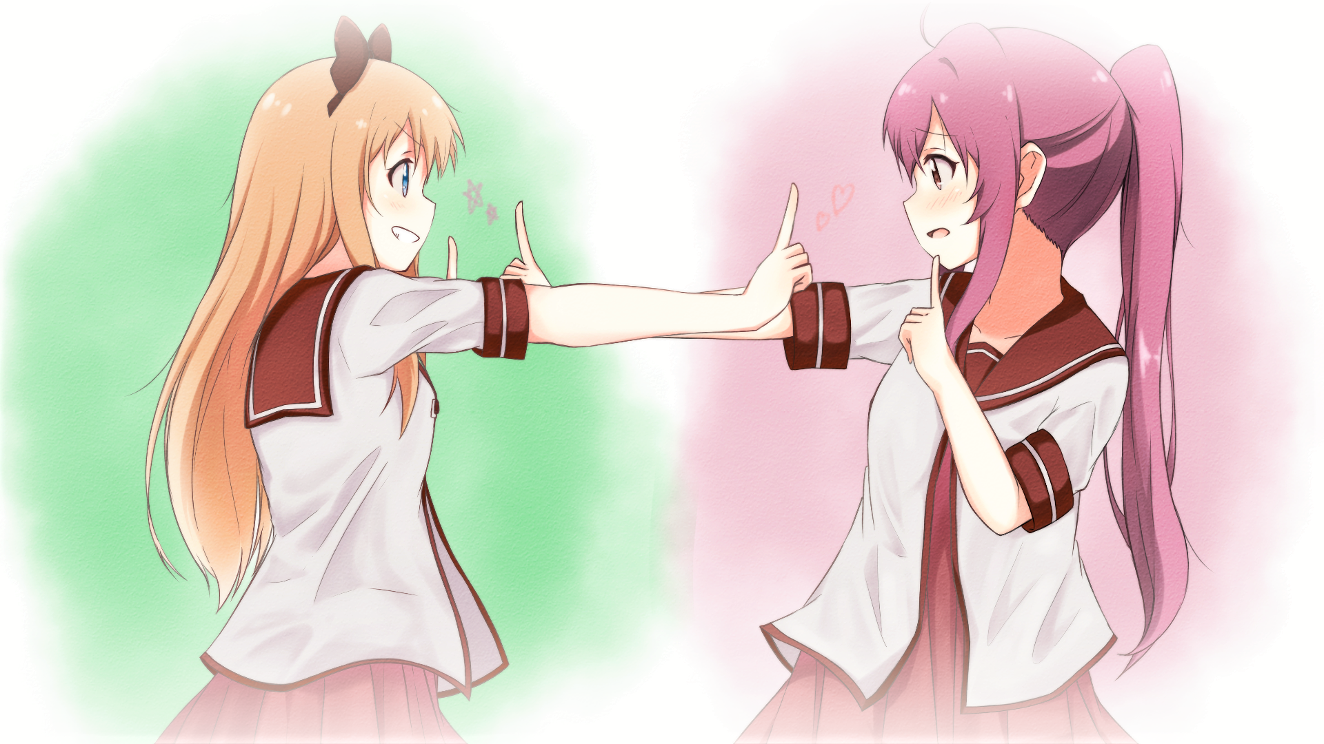A vibrant HD wallpaper featuring Ayano Sugiura and Kyōko Toshinō from the anime YuruYuri, showcasing a playful interaction between the two characters against a colorful background.