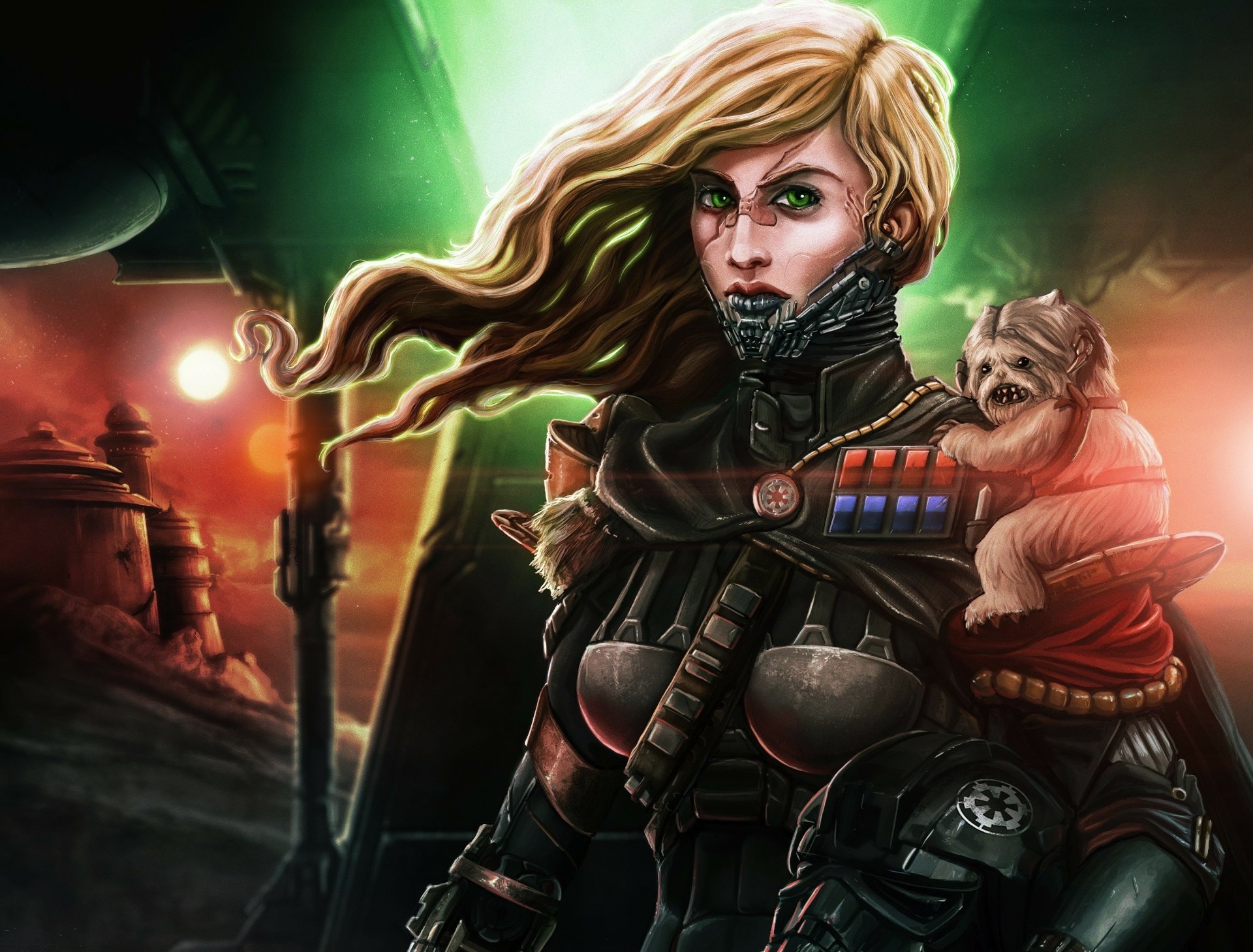 A blonde cyborg woman warrior with green eyes in a sci-fi Star Wars setting, holding a small creature, detailed HD desktop wallpaper.