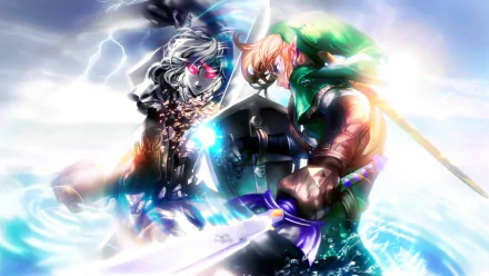 HD wallpaper featuring an intense battle between Link and Dark Link from The Legend of Zelda: Ocarina of Time, with dramatic lighting and detailed artwork.