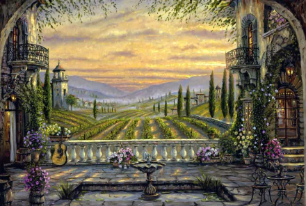 Artistic painting of a Tuscan landscape featuring a terrace with vines, trees, a fountain, and a guitar. The scene is set against rolling hills and a colorful sky, captured in HD for desktop wallpaper.