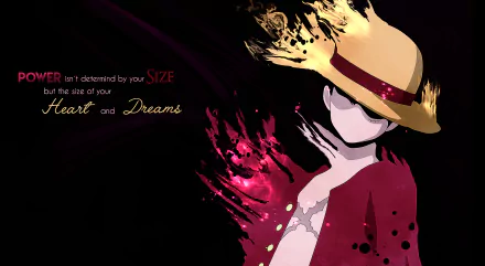 HD PC desktop wallpaper featuring Monkey D. Luffy from the anime One Piece with a motivational quote about power, heart, and dreams on a dark background.