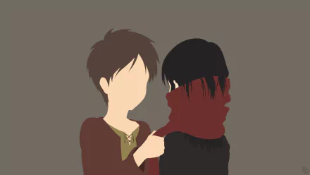 This HD desktop wallpaper features minimalist art of Eren Yeager and Mikasa Ackerman from the anime Attack on Titan, with Eren wrapping Mikasa's red scarf around her neck.