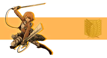 HD PC desktop wallpaper: Petra Ral from Attack on Titan in anime style, lunging with blades and ODM gear against an orange stripe with the Survey Corps emblem.